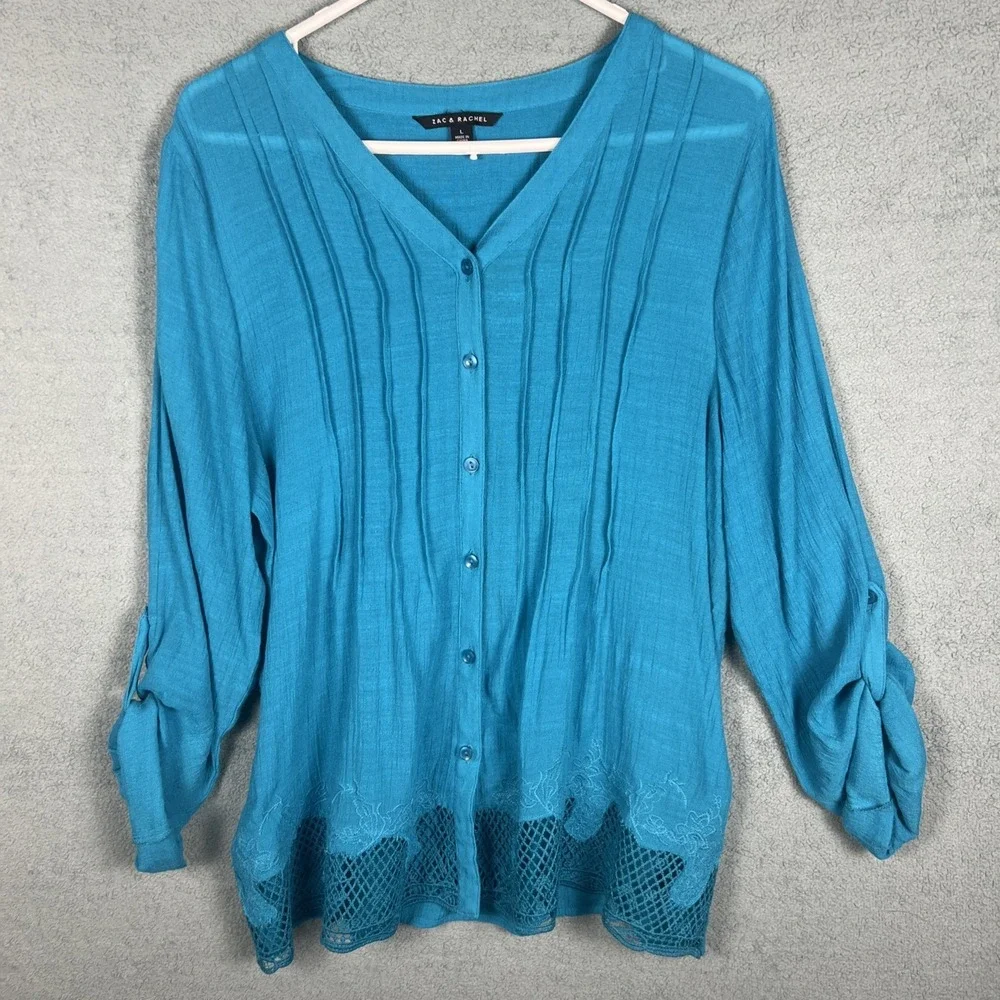 Zac & Rachel Teal Blouse Pleated Front Lace Hem Button Up Women L - Picture 1 of 8